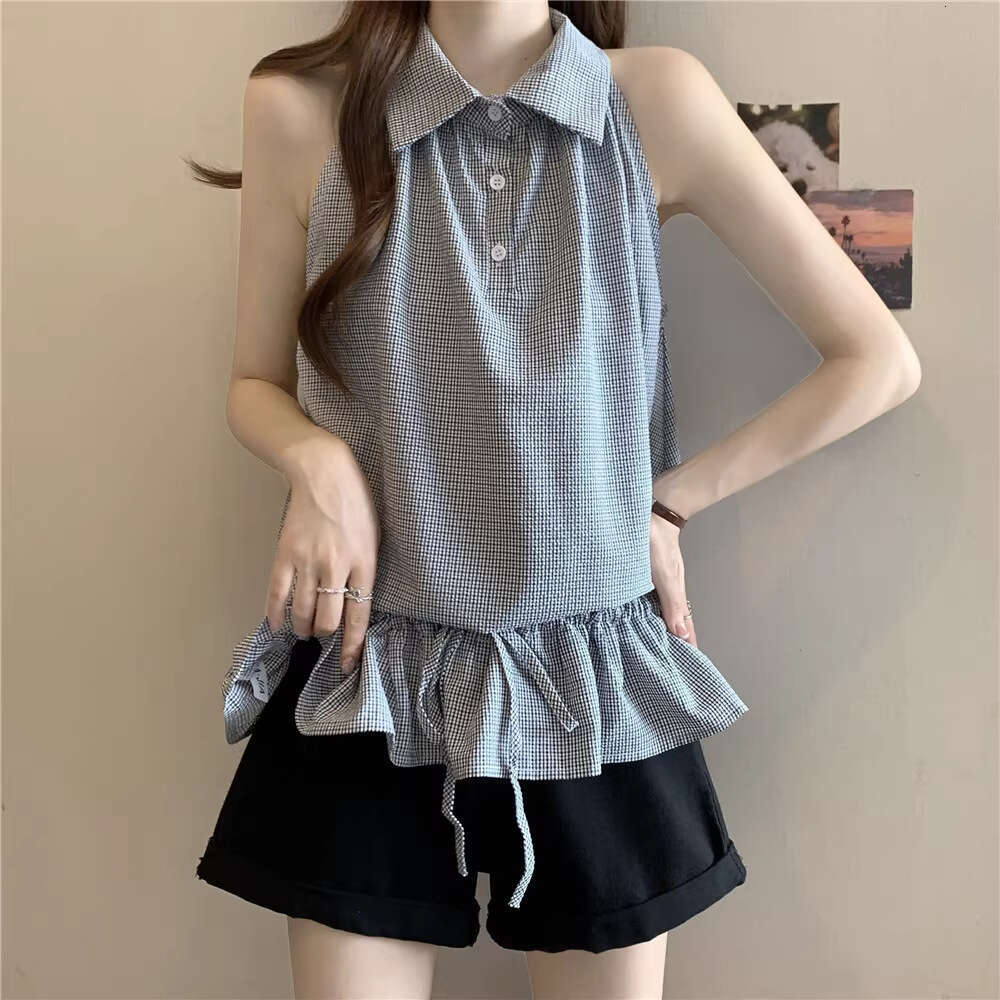 Korean Style Elegant High-End Collared Sleeveless Shirt Summer Design Halter Ruffled Tie Vest Top Trendy B5