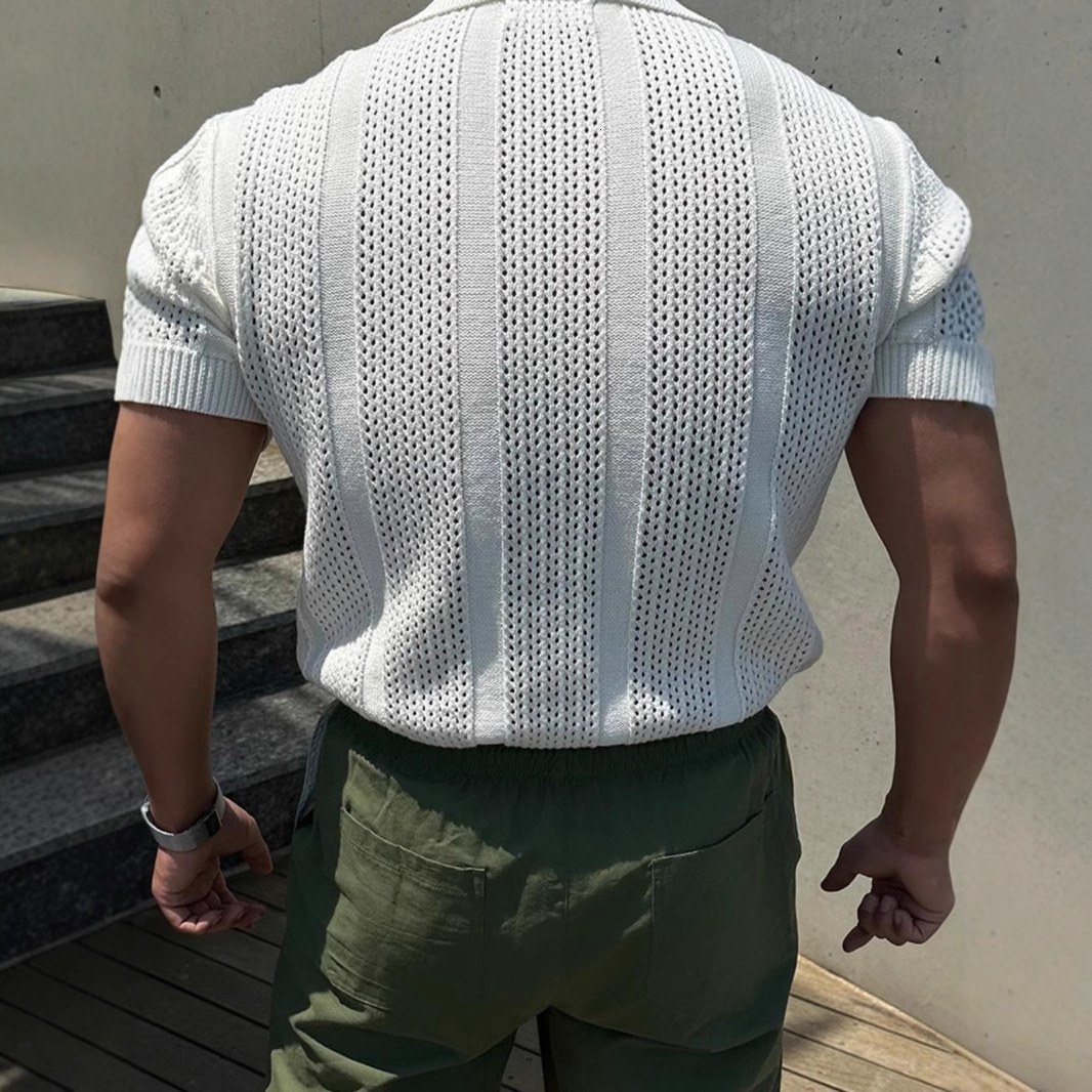 White Hollow Knit Polo Shirt Designer Short Sleeves For Men Summer Trendy Business Commuting Breathable Versatile Loose Half Sleeve T-shirt Top