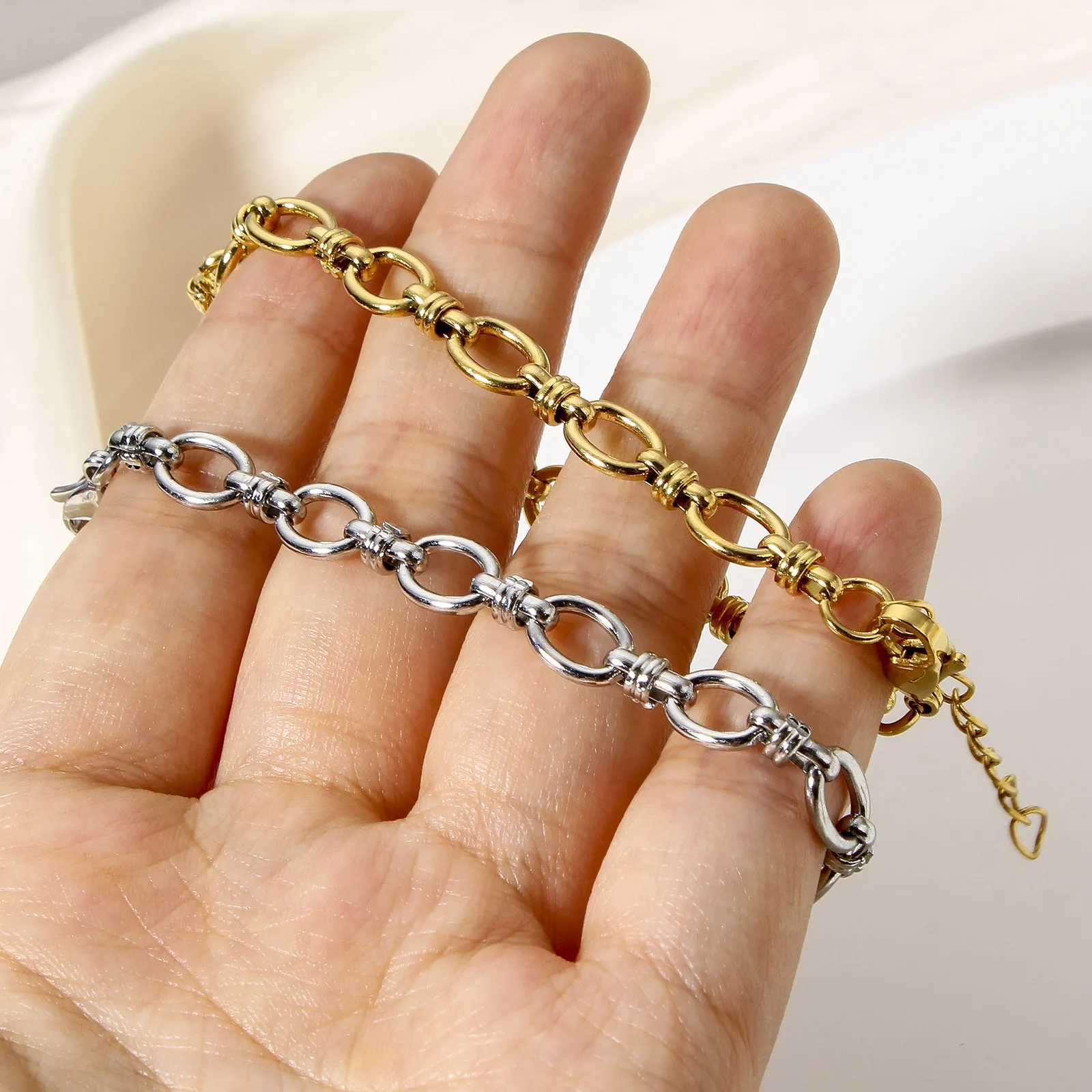 1 Piece Statement Stainless Steel Chain Bracelet for Women Men Punk Metal Oval Bracelet Handmade Exquisite Jewelry Gifts 17.5cm XJ250707