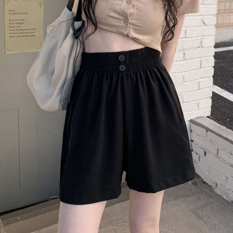 Black Wide-Leg Summer Thin Versatile High-Waisted Five-Point Korean Fashion Slimming Elastic Waist Shorts For Women B5