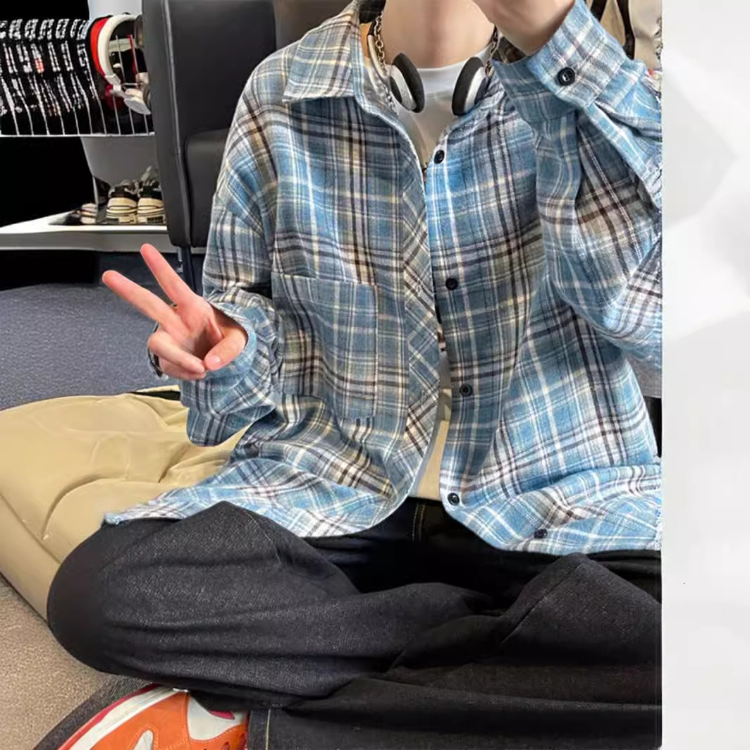 Long Sleeve Shirt Men's 2025 Spring New Korean Style Trendy Japanese Designer Short Sleeves Retro Plaid Plus Size Turn-down Collar Shirt Jacket