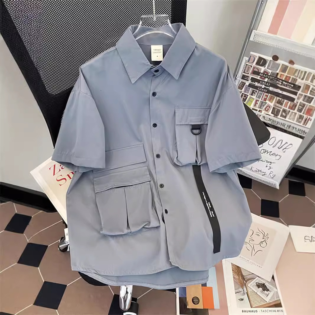 Trendy American Style Functional Workwear Short Sleeve Shirt For Designer Short Sleeves Men Summer BF Loose Casual Turn-down Collar Half Sleeve Fashio