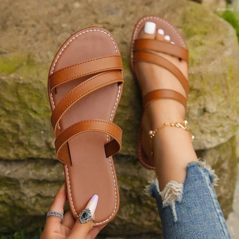 Sandals Rimocy Summer Flat Heel For Women Casual Plus Size 42 Beach Slippers Woman Pu Leather Strap Slip-On Gladiator