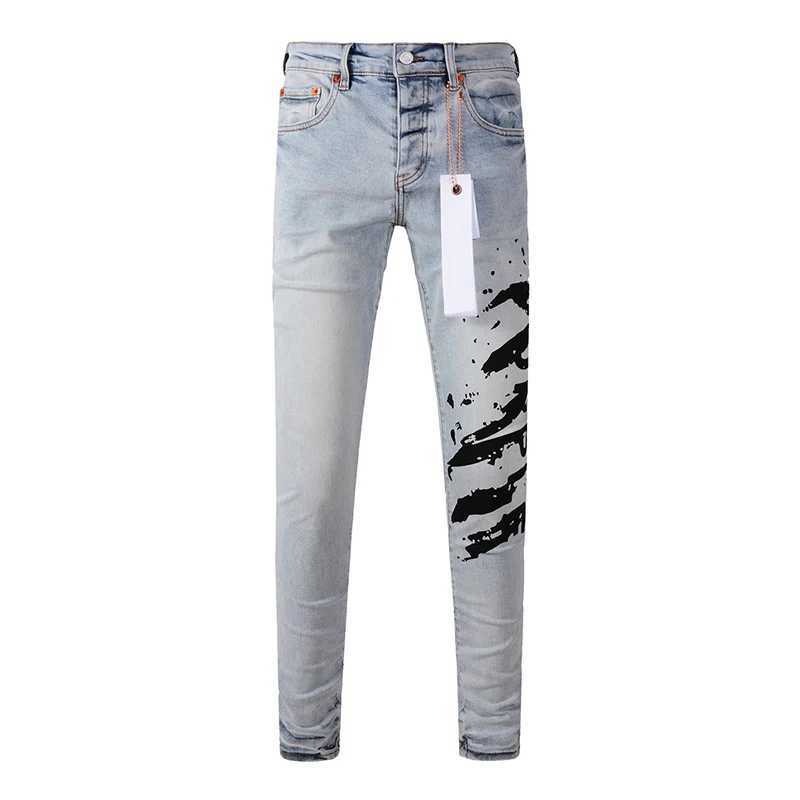 Mens American High Street Fashion Distressed Light Blue Letters Printing Stretch Skinny Button Fly Ripped Jeans XJ250707