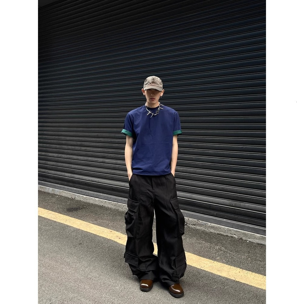 American Style Designer Short Sleeves Heavyweight Color-block Short Sleeve Men's Summer Fake Two-piece Pure Cotton Patchwork T-shirt Men's L