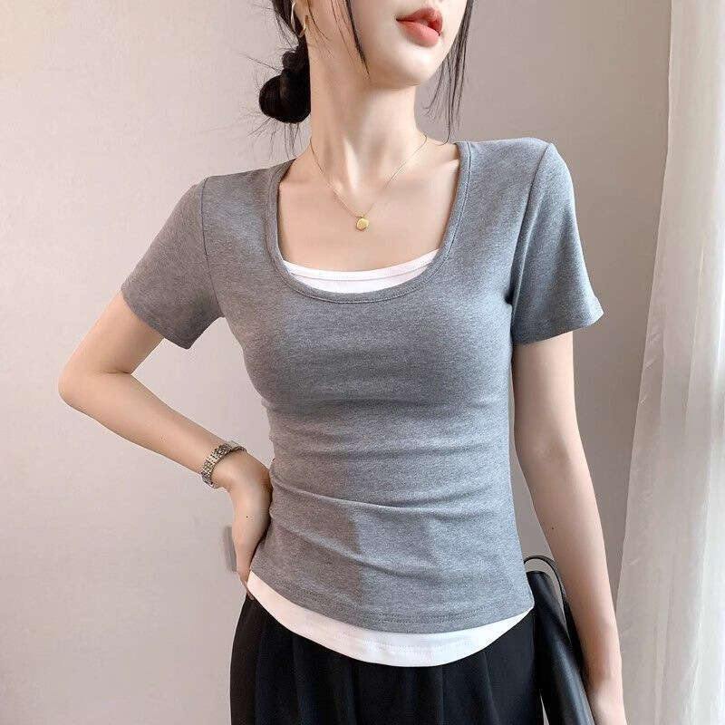 Fake Two-Piece Color-Block Regular Shoulder Short Sleeve T-Shirt For Women Summer New Design Slim Fit U-Neck Base Shirt B5