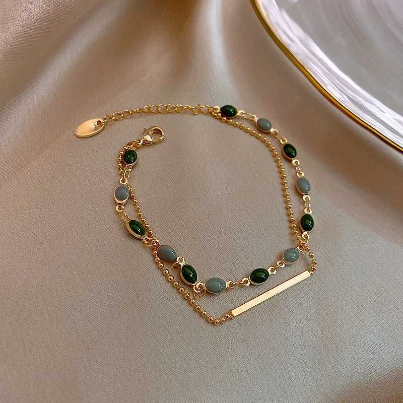 Vintage Double Layer Green Oil Drop Bracelet for Women Simple Gold Color Beaded Chain Adjustable Charm Bracelet Jewelry Gift XJ250707