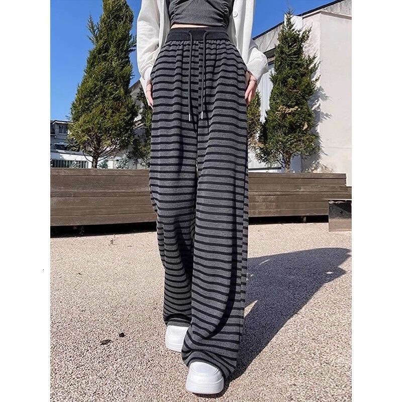 Striped Wide-Leg For Women Spring New Elastic Waist Drawstring Lazy Loose High-Waist Draped Casual Sports Pants B5