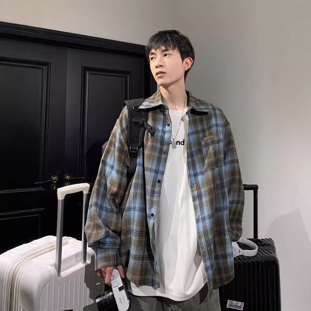 Designer Short Sleeves American Retro Color-block Plaid Long Sleeve Shirt For Men 2025 Spring And Autumn New Trendy Brand Versatile Loose Shirt Jacket