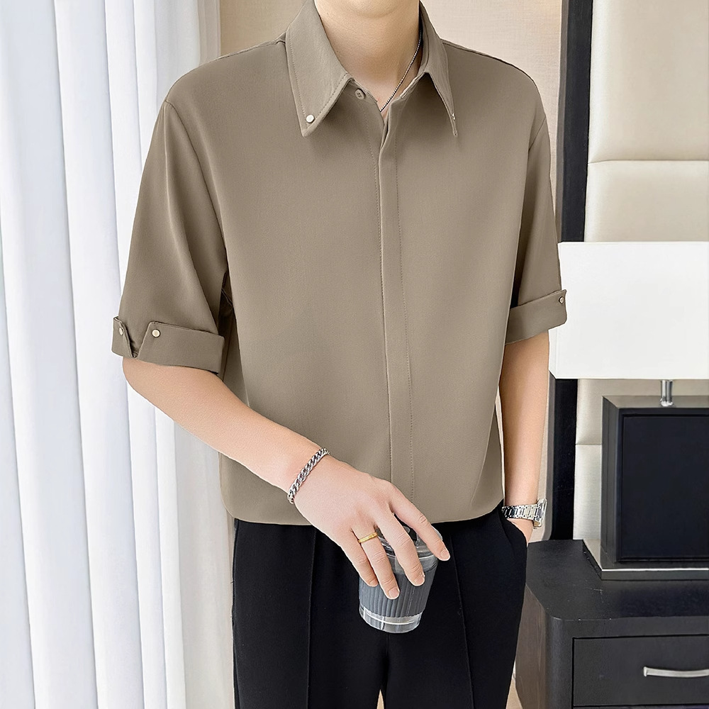 2025 Super Popular Men's Short Sleeve Designer Short Sleeves Shirt Draped Summer Ice Silk Clothing High-end Cool Seven-quarter Sleeve Hidden Butt