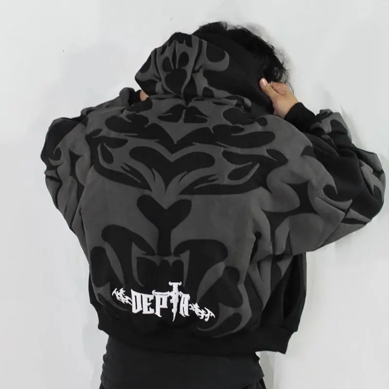 American Street Personalized Foam Printed Hoodie Y2K Retro Trendy Zipper Hoodie Men Hip hop Gothic Harajuku Loose Sweatshirt 250707