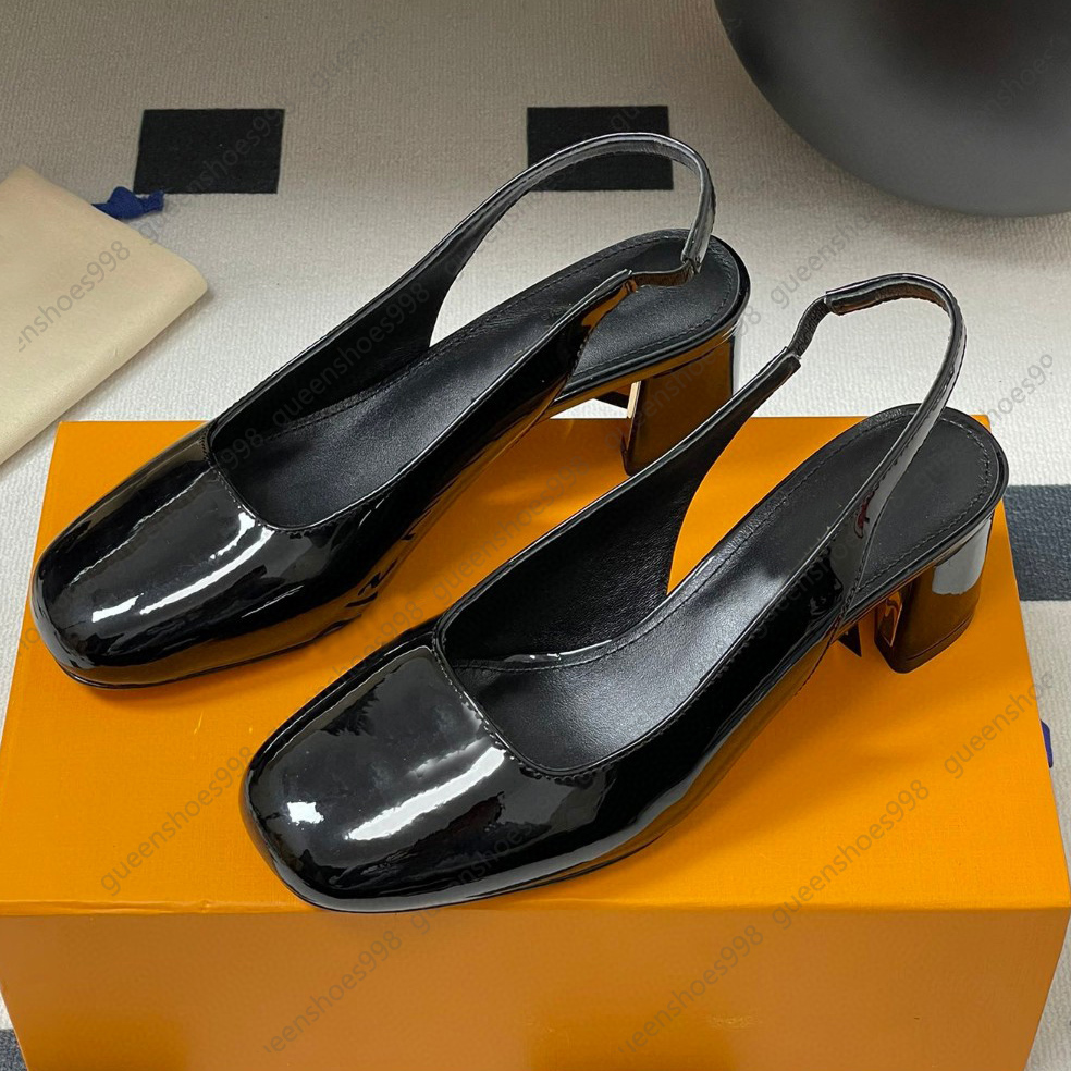 Top Quality Brand Slingbacks Women Kitten Heel Patent Leather Luxury Designer Sandals Casual Mary Jane Shoes Party High Heels Wedding Pump Size 35-41