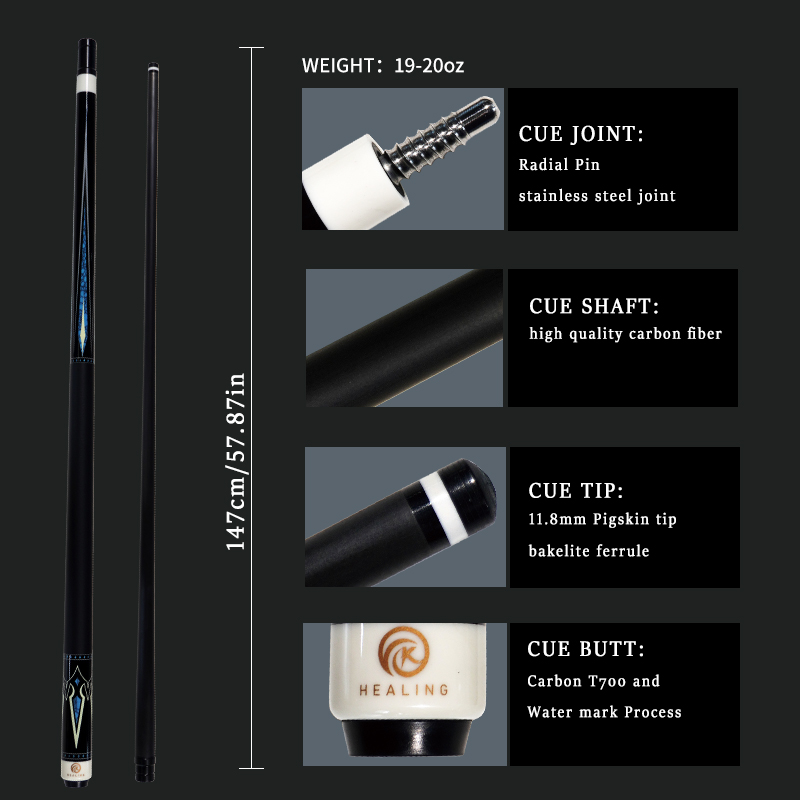 OKHEALING 1/2 Split Pool Cue Billiard Stick Carbon Fiber Billiard Cue 11.8mm Black Pigskin Tip Radial Pin or 8 Teeth Joint 1474mm/58inch Weight Adjust