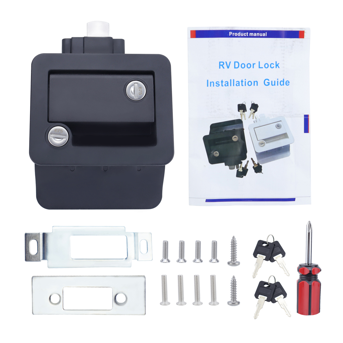 RV trailer camping vehicle entrance door lock RV door lock replacement Double door with locking pin Computer key Door handle 2 keys Black