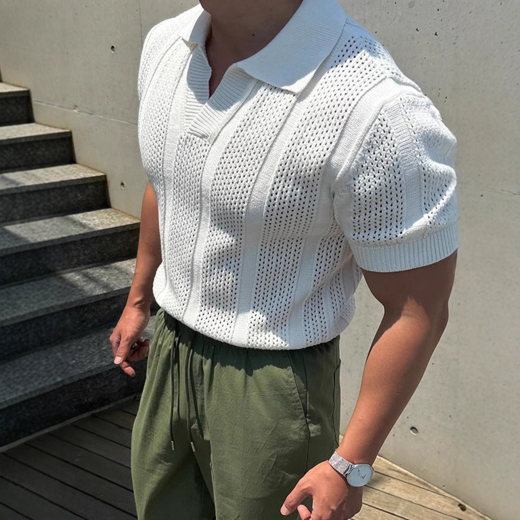 White Hollow Knit Polo Shirt Designer Short Sleeves For Men Summer Trendy Business Commuting Breathable Versatile Loose Half Sleeve T-shirt Top