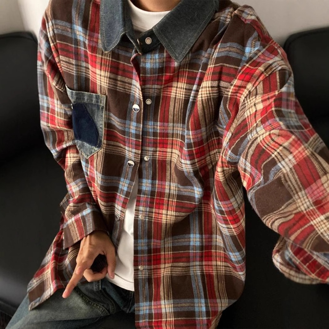 American Retro Long Sleeve Plaid Shirt For Men Spring Designer Short Sleeves And Autumn Trendy Brand Couple Patchwork Denim Collar Yellow Checkered Ja