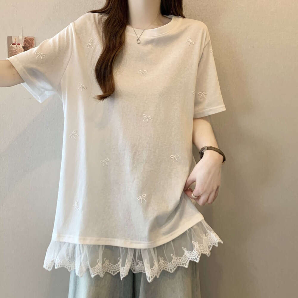 Plus Size Bowknot Patchwork Lace Trim Short Sleeve T-Shirt For Women Summer Sweet Style Mid-Length Versatile Casual Top B5