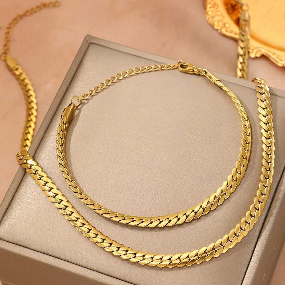 DOTIFI Stainless Steel Simple Flat Cuban Chain Bracelet Necklace Jewelry Set 18k Gold Plated Fashion Thick Chain Fashion Jewelry XJ250707