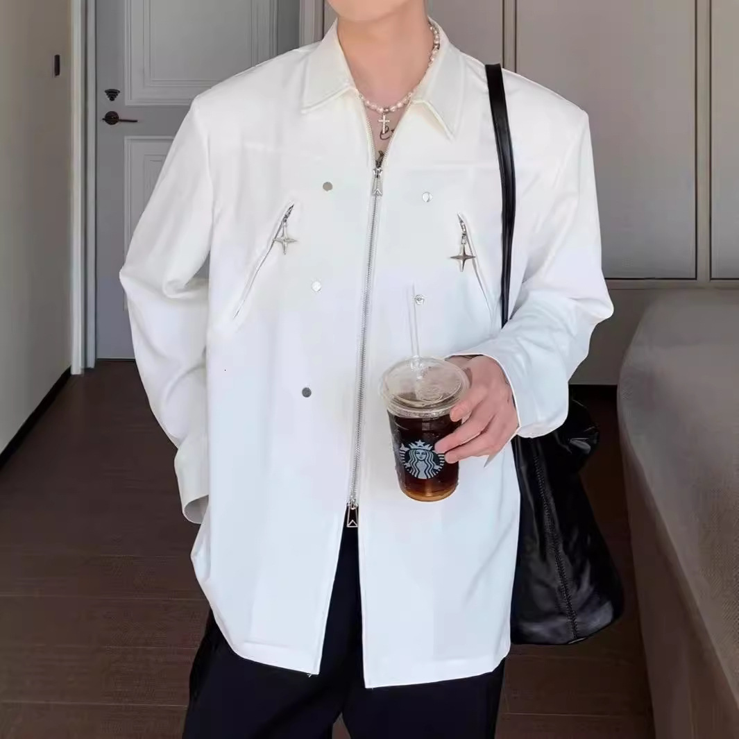 Fashion Niche 2025 Spring Designer Short Sleeves Autumn Turn-down Collar Shirt Men Loose Casual High Street Cool Double Zipper Deconstructed Long Slee