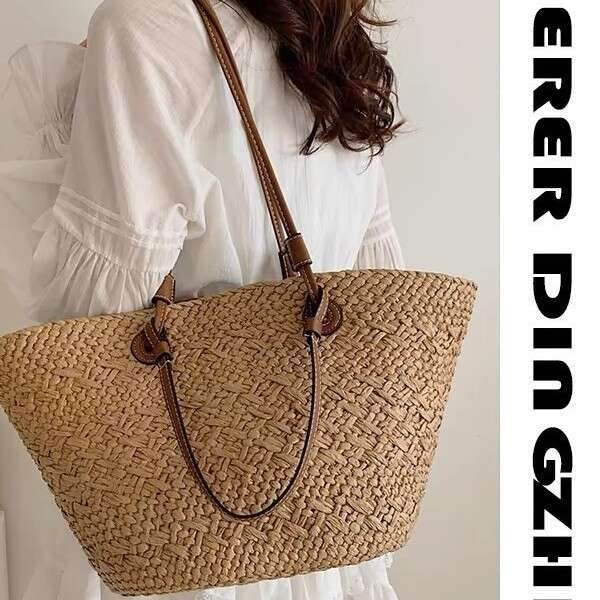 Handmade Straw Large Capacity Shoulder Basket New Summer Beach Vacation Color Block Tote Bag