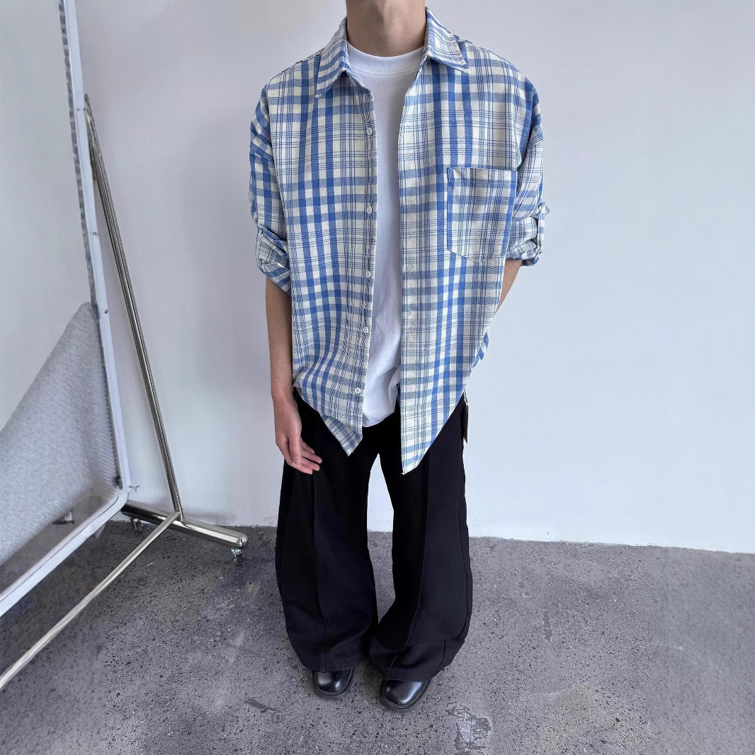 Factory Direct Supply Spring Retro Lazy Versatile Blue Designer Short Sleeves Plaid Long Sleeve Shirt Men's Casual Loose Color-block Shirt Trendy