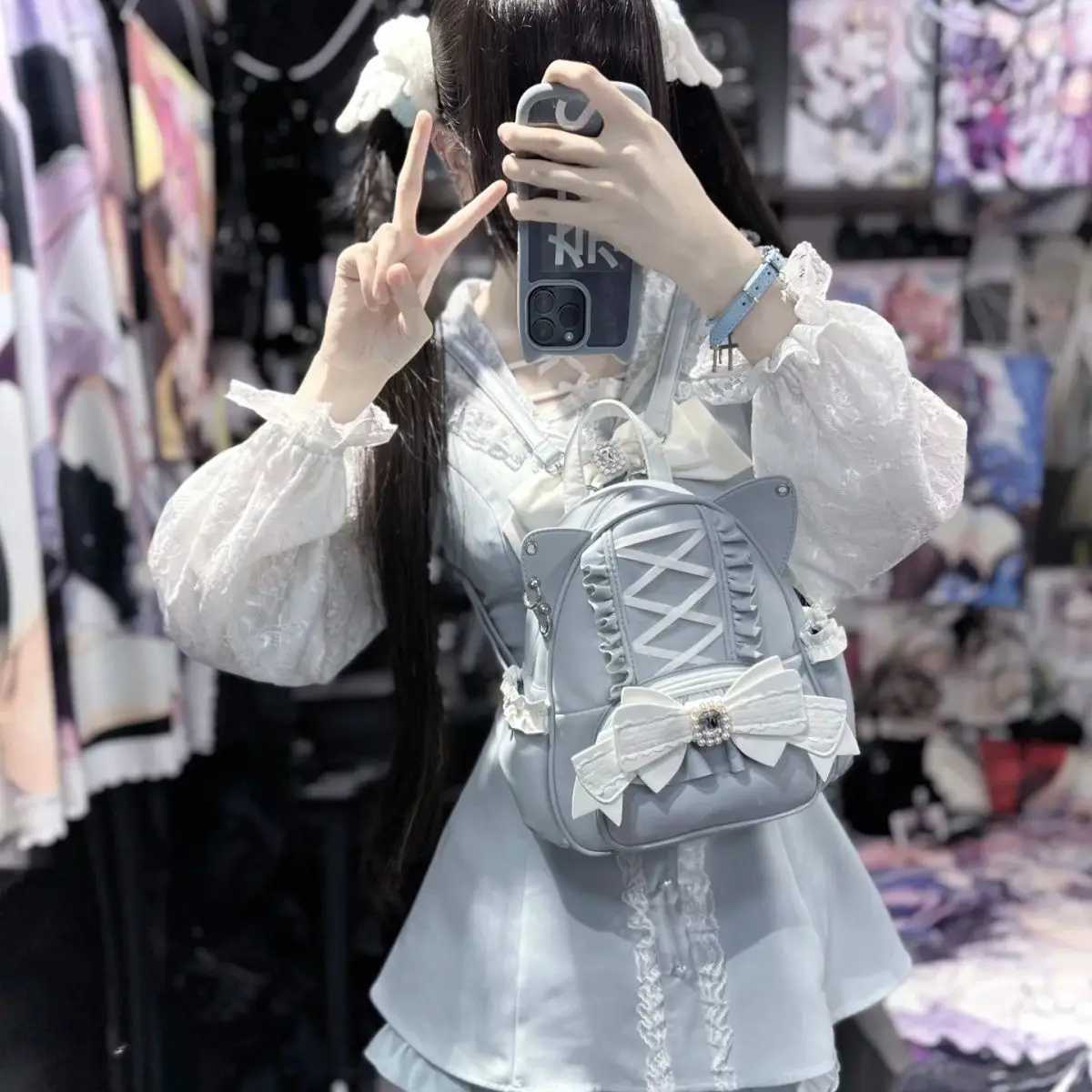 Korean Fi Y2k Punk Backpack Lace Bow Ear Lotus Lace Decorati Lolita Backbag PU Leather Large Capacity Wen Backpack Y250707