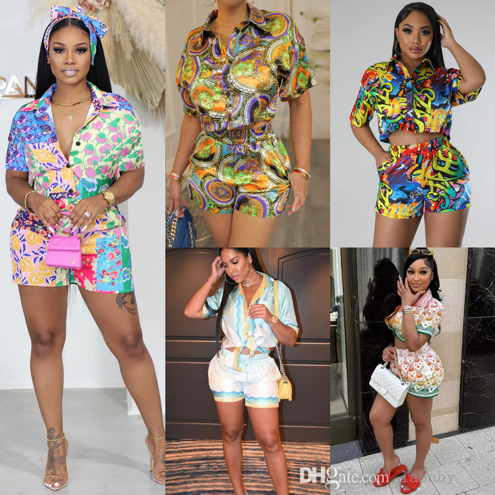 Tracksuit Women Beach Two Piece Set Pants Fashion Print Short Sleeve Shirt Top And Shorts Sets 2Pcs Outfits Casual Suit