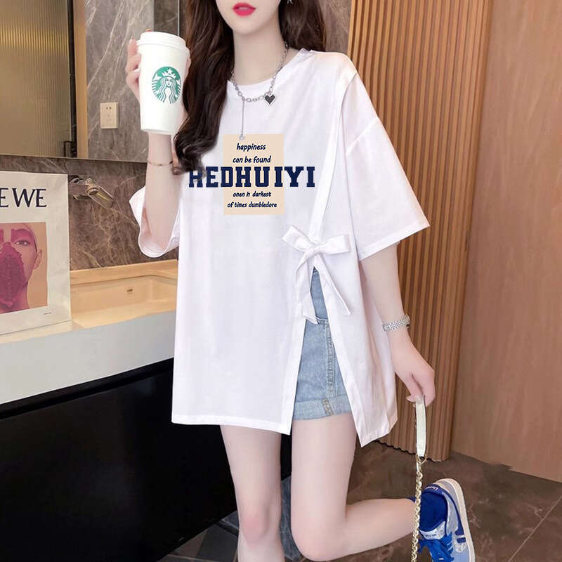 Fashion Subtle Design Sense Split Cotton Short Sleeve Mid-Length Lazy Style Printed Women's T-Shirt B5