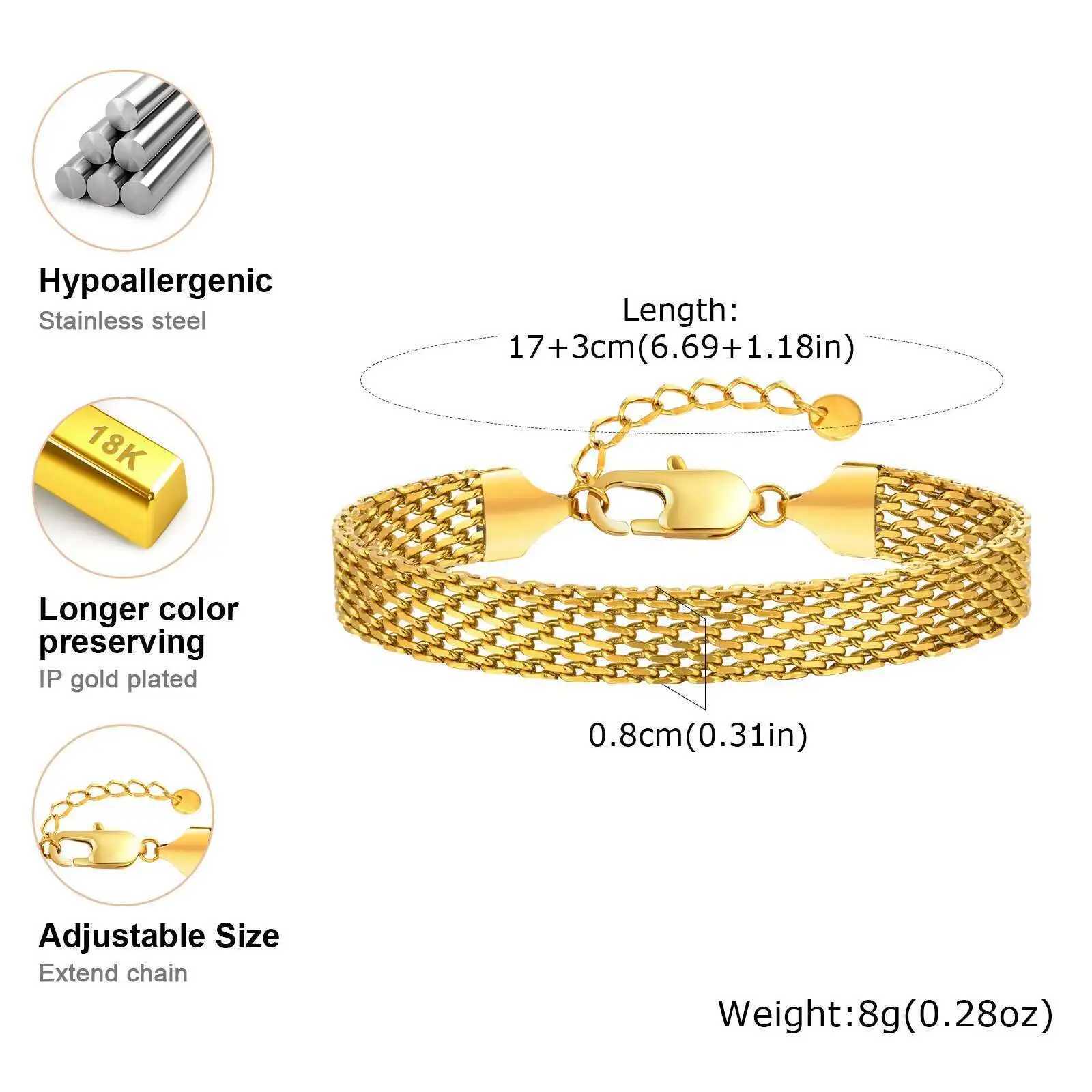 3mm/4mm/6mm Gold Plated Italian Chain Bracelet for Women Stainless Steel Mesh Link Chain Wristband Gift Jewelry Non-Tarnish XJ250707