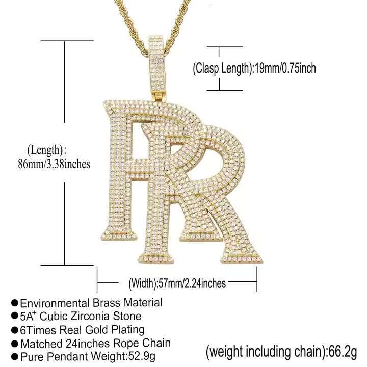 Plated Fashion Gold Pendant Necklace Hip Hop Style RR Shape Brass with Iced Out Moissanite on Rope Chain for Anniversary OACOCA