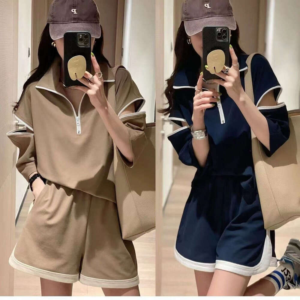 New Fashion Casual Sports Suit For Women With Zipper And Turn-Down Collar Wide-Leg Shorts Two-Piece Set Trendy B5