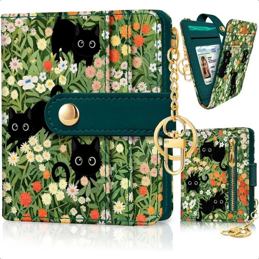 Black Floral Rfid Wen Wallet Small Slim Thin Wallet PU Leather Bifold C Zipper Coin Pocket ID Window for F Y250707
