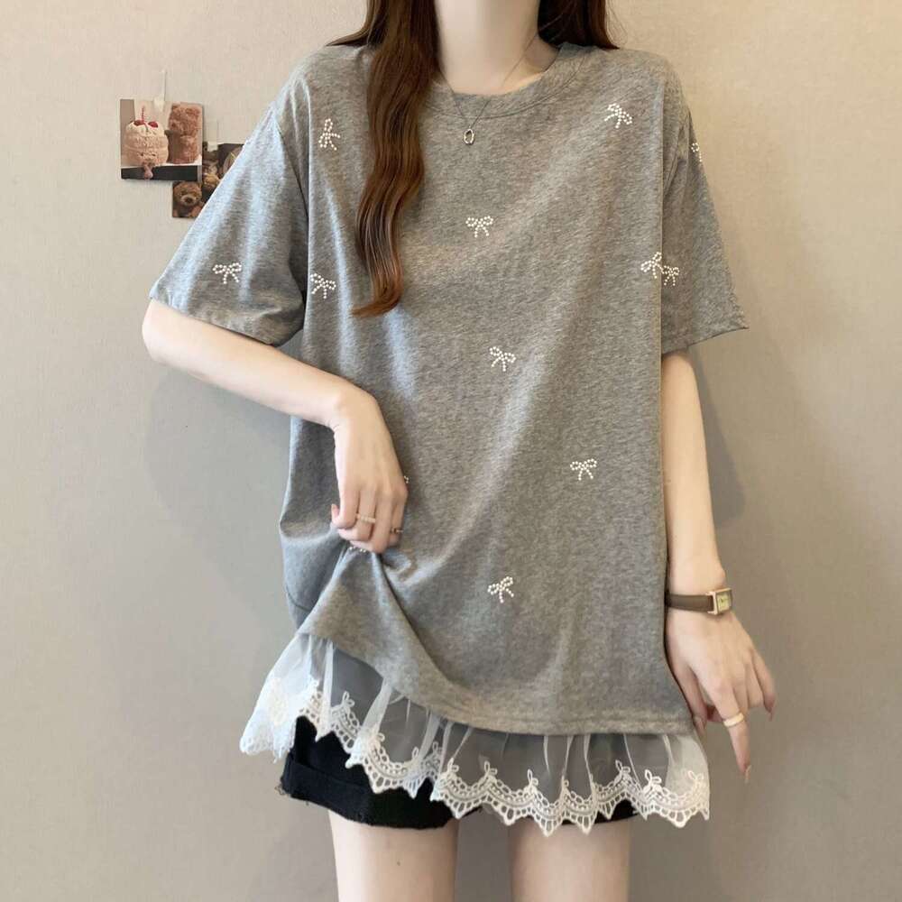 Plus Size Bowknot Patchwork Lace Trim Short Sleeve T-Shirt For Women Summer Sweet Style Mid-Length Versatile Casual Top B5