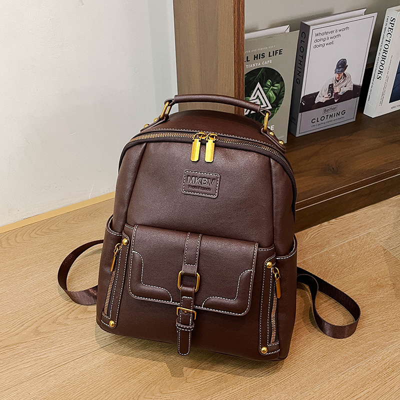 Free shipping designer New Korean and Japanese Style Casual Backpack for Women Large Capacity Soft Leather Commuter Backpack Fashionable Retro Student
