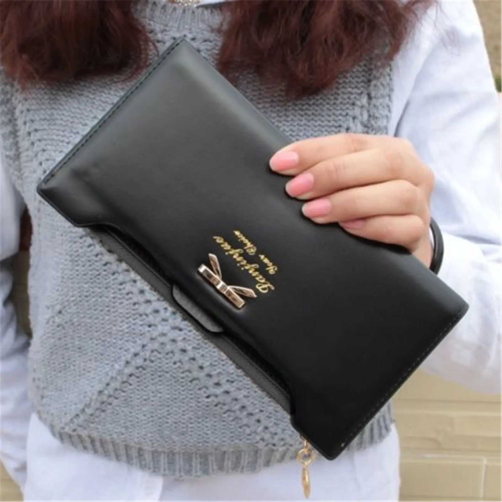 Fi Cute Bowknot Lg Wallet Zipper Mti-card Cluh Coin Mey Purse Wens PU Leather Phe Handbag Y250707