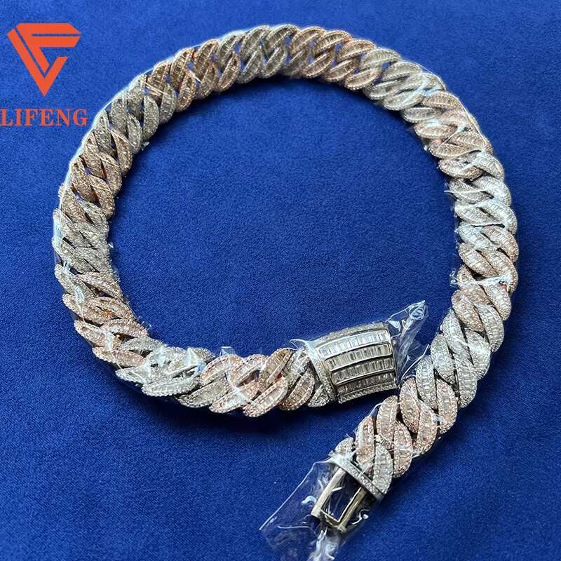 Lifeng Jewelry Hot Sale baguette Diamond Chain Silver 925 Gold Plated Vvs Moissanite Fine Jewelry Cuban Necklace