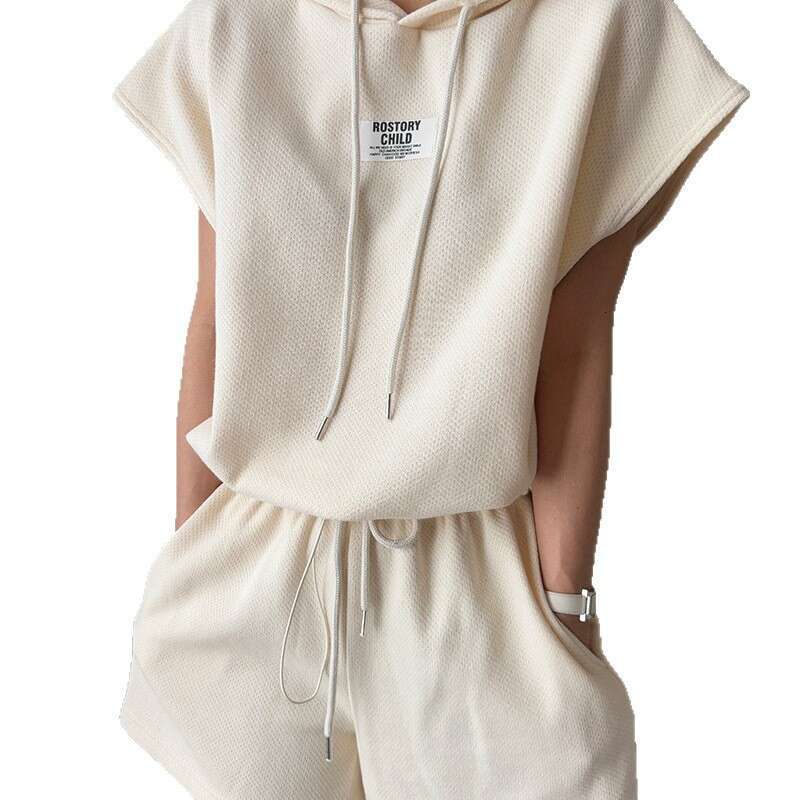 Light Gray Drawstring Hooded Sweatshirt Women Summer Loose High Waist Casual Shorts Set B5