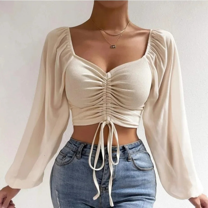 Sexy Women Mesh Lantern Sleeves Drawstring Wrap Chest Bare Midriff T Shirt Women Long Sleeves Bottoming 250703