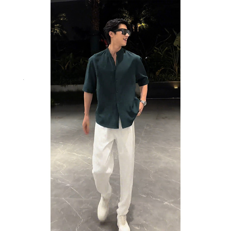 Lushangshuai High-end Designer Short Sleeves Black Ice Silk Stand Collar Three-quarter Sleeve Shirt Men's Cool Draped National Style Short Sleeve