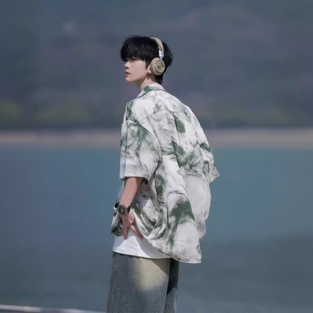 Tie-dye Short Sleeve Shirt Men Summer Designer Short Sleeves Ice Silk Seaside Floral Shirt Plus Size Loose Trendy Brand Jacket Beach Three-quarter Sle
