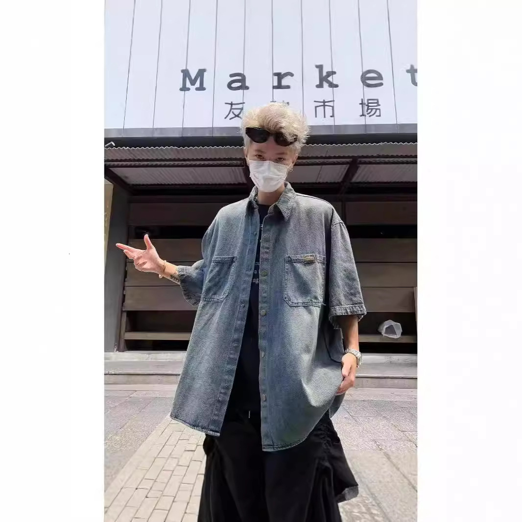 American Retro Japanese Washed Denim Designer Short Sleeves Shirt For Men High-end Summer Loose Casual Distressed Short Sleeve Versatile Jacket