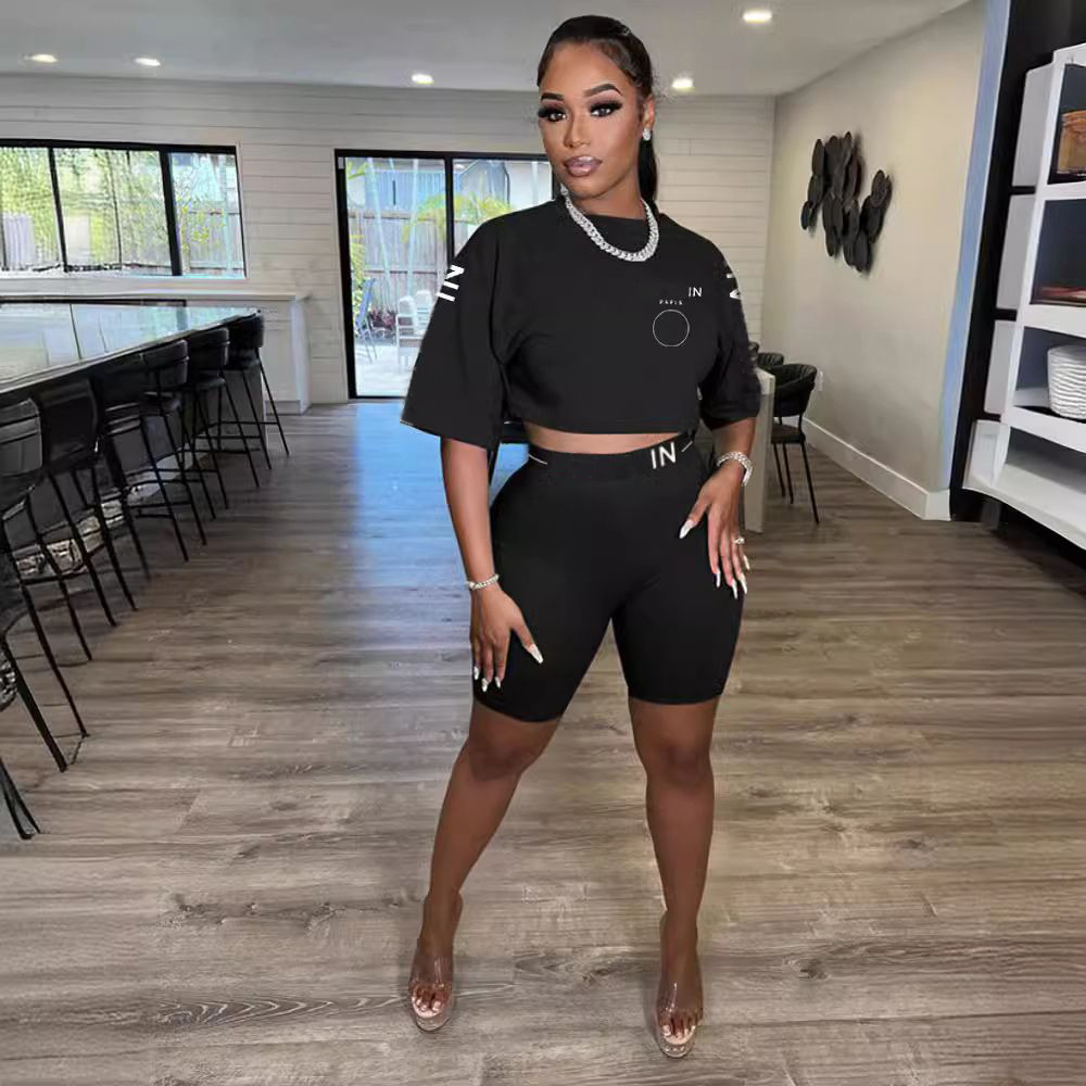 Women's Designer Sets Fashion Letter Offset Pant Suits Round Neck Short Sleeved Shorts Set Two Piece Pants