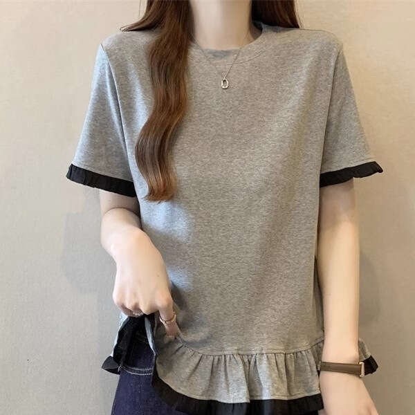 Plus Size Design Sense Right Shoulder Ruffle Short Sleeve T-Shirt For Women Summer Style Age-Reducing Slimming Versatile Niche Top B5