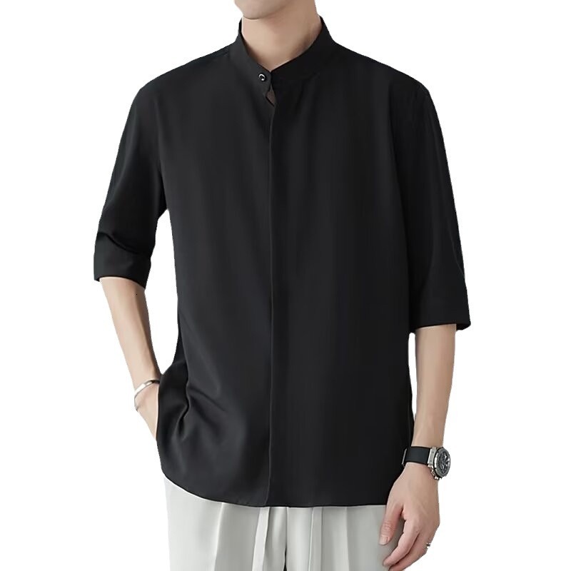 New Chinese Style Stand Collar Short Sleeve Shirt For Men, Early Designer Short Sleeves Autumn New Niche Shirt With High-end Feel, Ice Silk Draped Mid