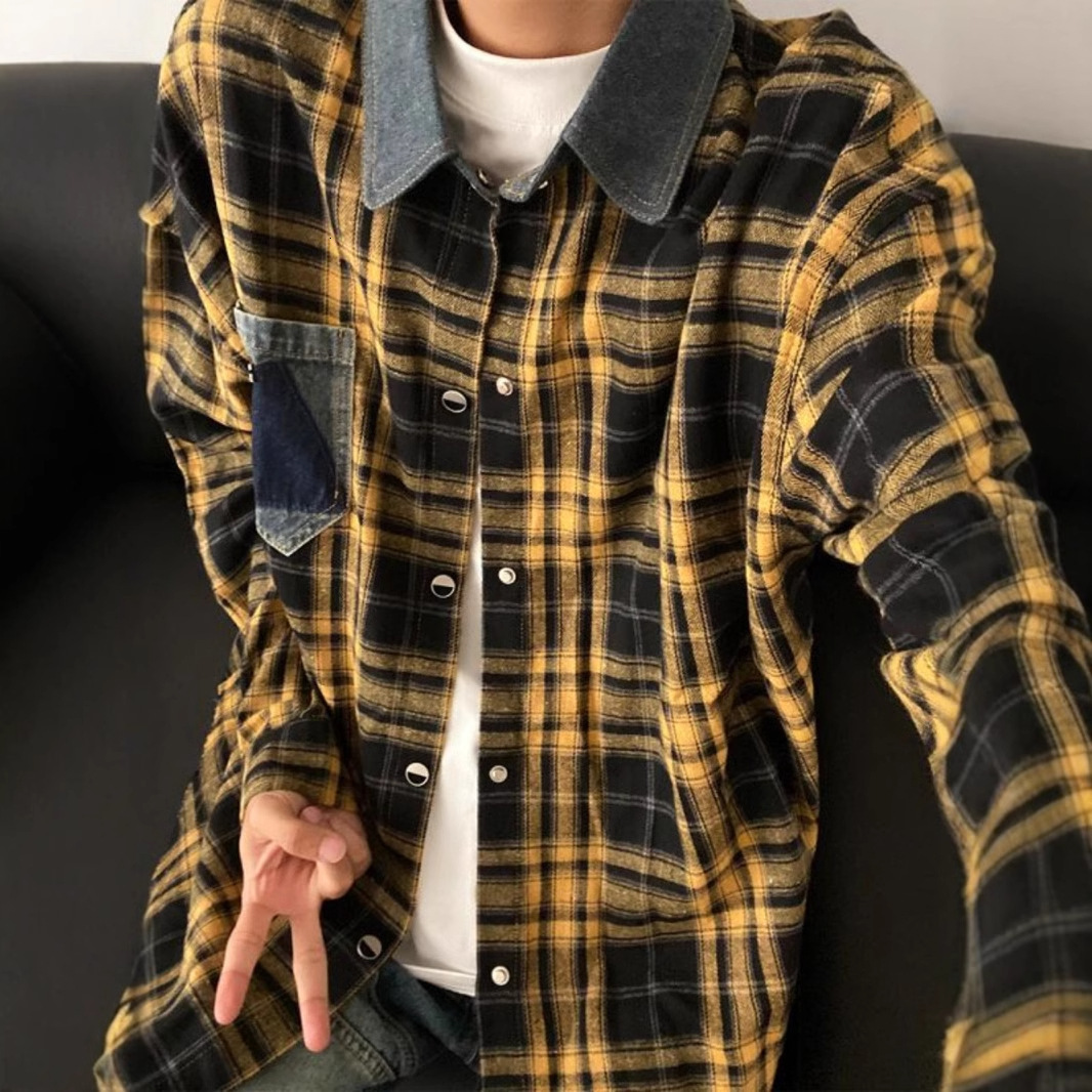 American Retro Long Sleeve Plaid Shirt For Men Spring Designer Short Sleeves And Autumn Trendy Brand Couple Patchwork Denim Collar Yellow Checkered Ja