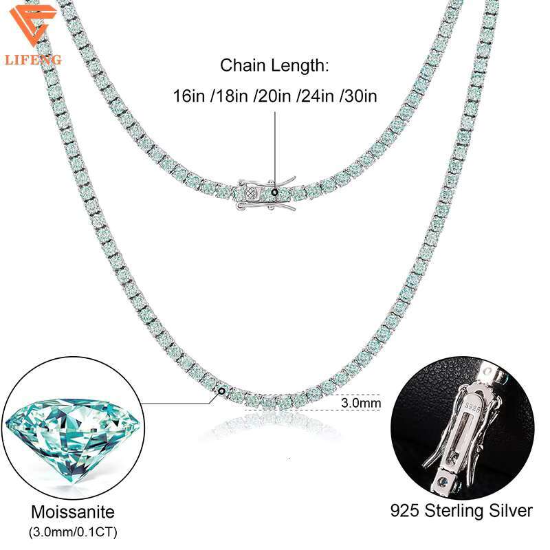 New Arrival Iced Out Colorful VVS Moissanite 3mm Cluster Tennis Chain Hiphop Jewelry 925 Sterling Silver Green Tennis Necklace