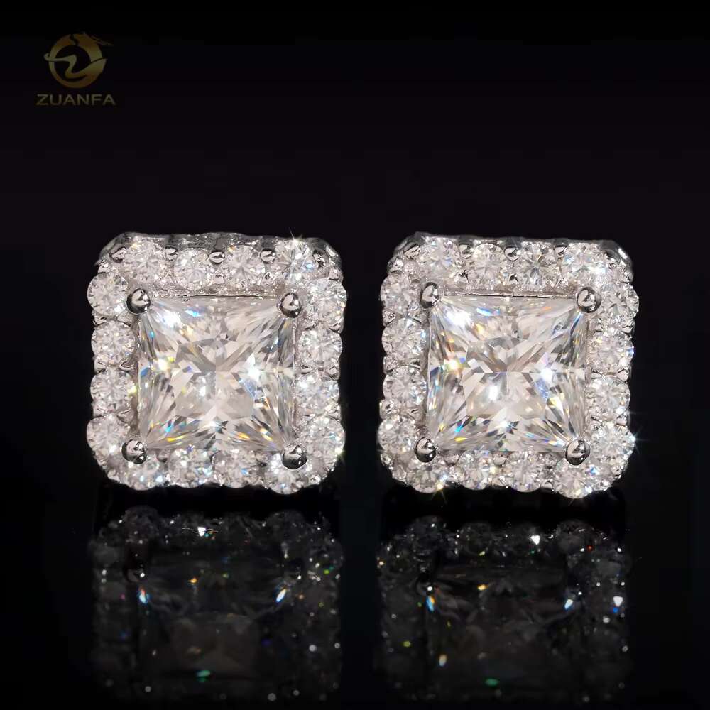 High Quality Iced Out Jewelry Princess Cut Halo 925 Sterling Silver Hip Hop Moissanite Earrings