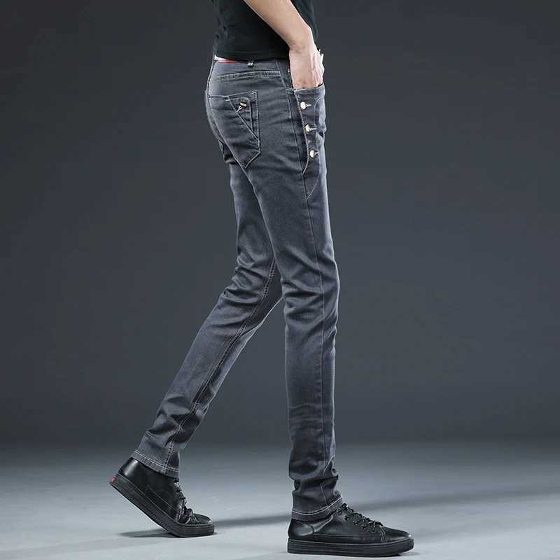 2024 New Mens Cotton Classic Youth Slim Jeans Motorcycle Trendy Multi-button Stretch Straight Skinny Denim Trousers Male XJ250707