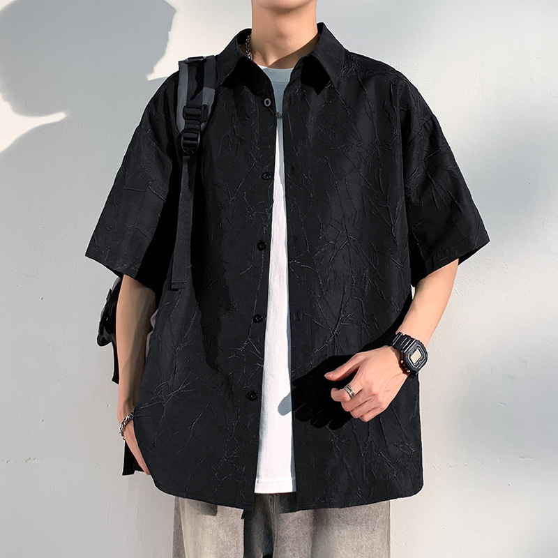 Japanese Style Cityboy Short Sleeve Shirt Men's Summer Trendy Designer Short Sleeves Textured Crack Design Five-quarter Sleeve Shirt Jacket