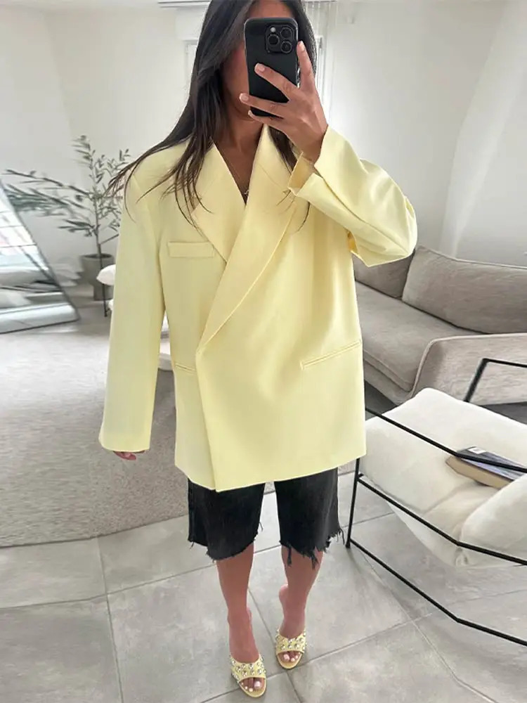 Short Sleeve Oversize Suit Jacket Women Elegant Turndown Collar Covered Button Summer Blazers Fashion Office Lady Outerwear 250625